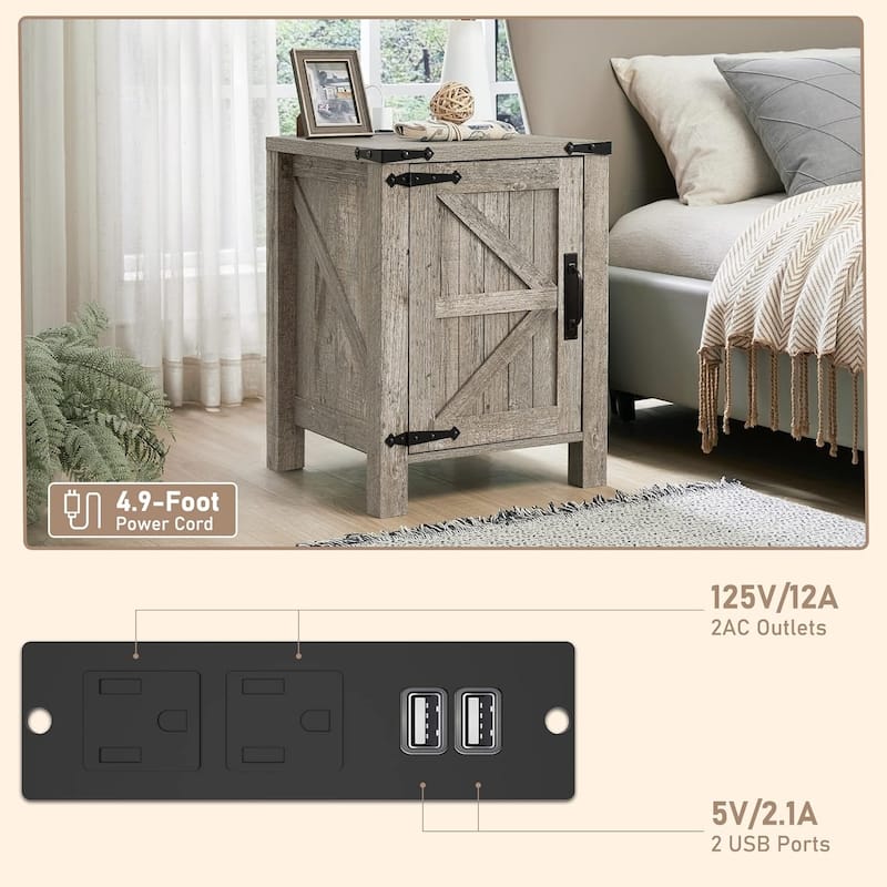 Farmhouse Nightstand Set of 2 with Charging Station, Rustic End Table