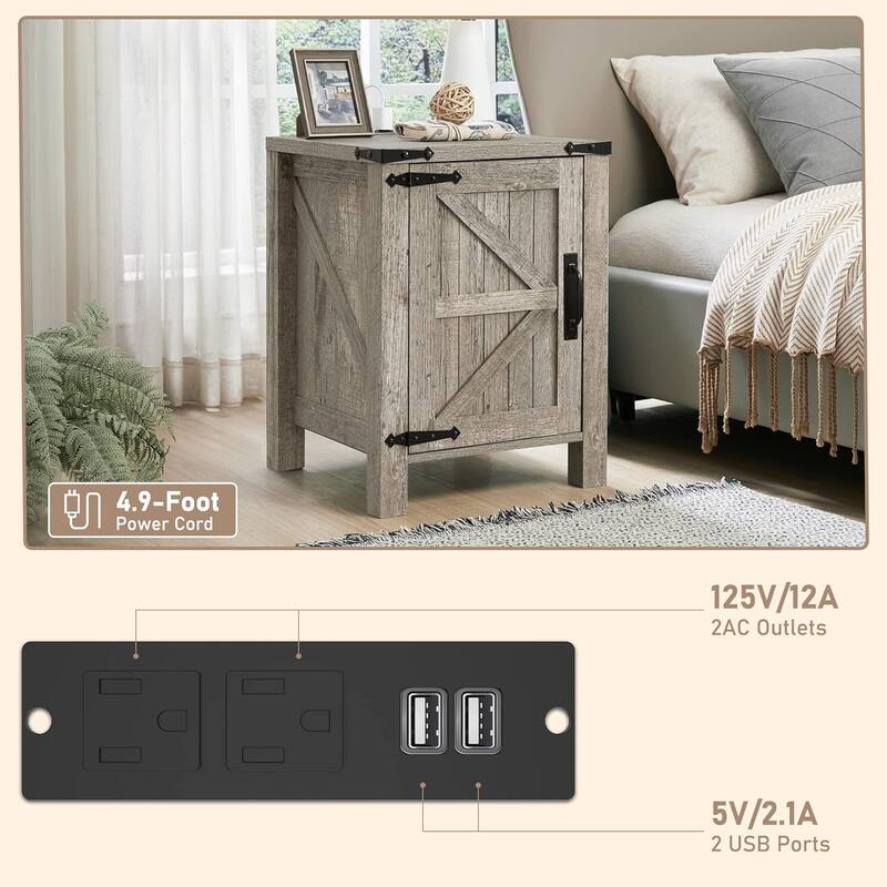 Farmhouse Nightstand with Charging Station, End Table with Barn Door