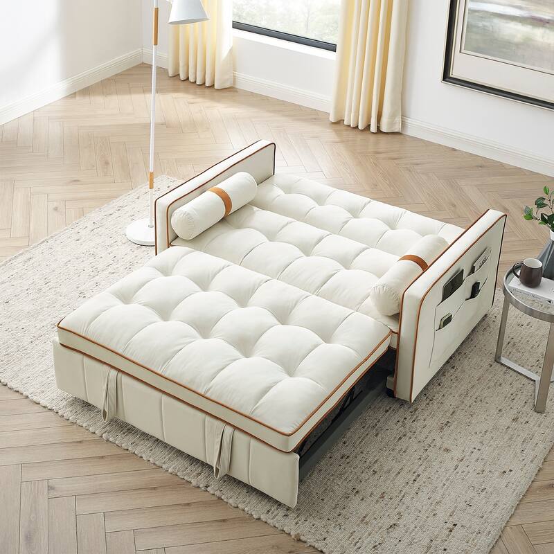 Velvet Sofa Bed with Adjustable Back and Storage Pockets, Multifunctional Sleeper Sofa