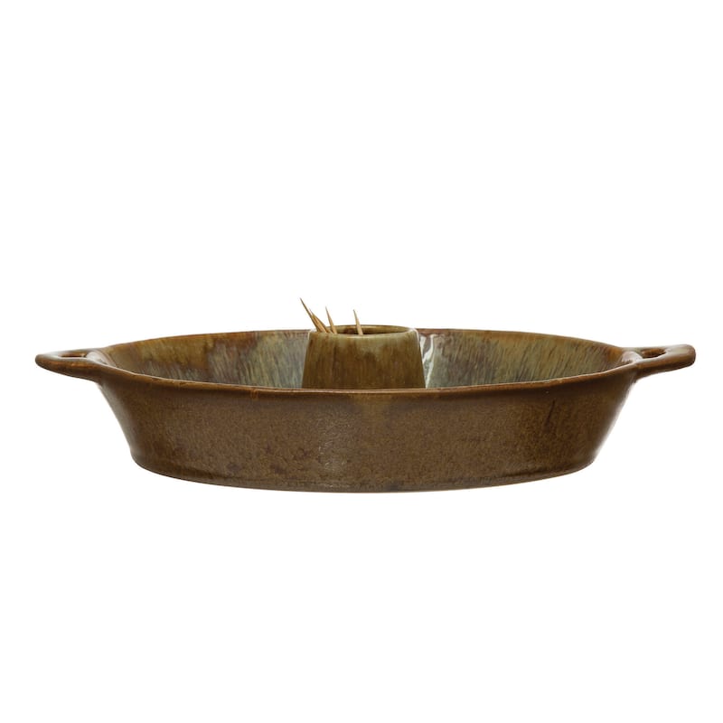 Stoneware Dish with Toothpick Holder, Reactive Glaze, Brown (Each One Will Vary)