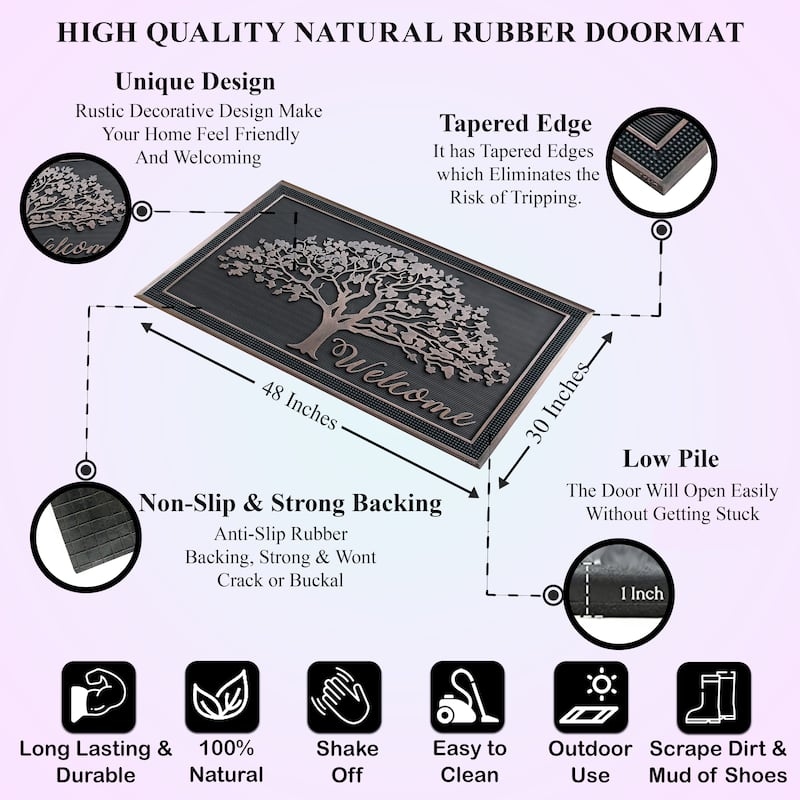 A1HC 100% Rubber Front Door Mat, All Season Large Size, Thin Profile Heavy Duty Doormat for Indoor Outdoor Use