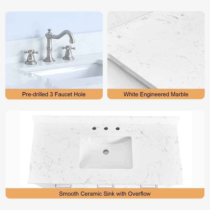 Prismatica Single Sink Bathroom Vanity 48 in White, Marble Countertop & Splash