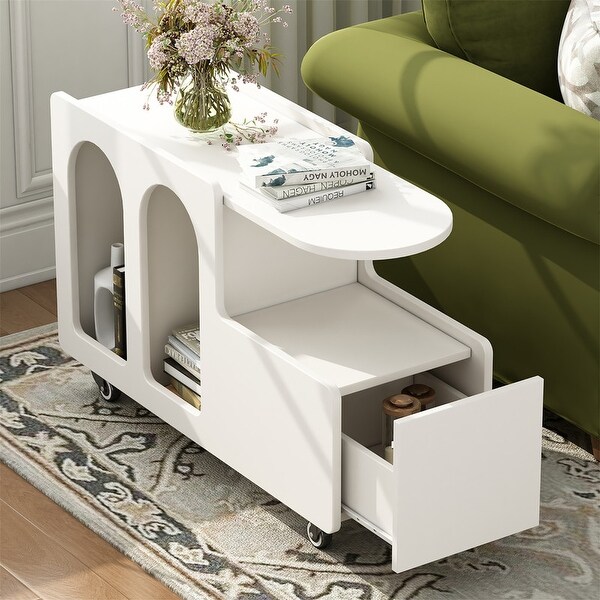 Mobile End Table with Storage Drawer and Lockable Wheels, Narrow