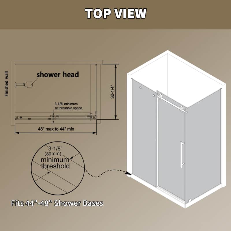 Modland 44-48" x 72'' Semi-Frameless Sliding Shower Enclosure - 3/8" SGCC Glass, Matte Black/Brushed Nickel