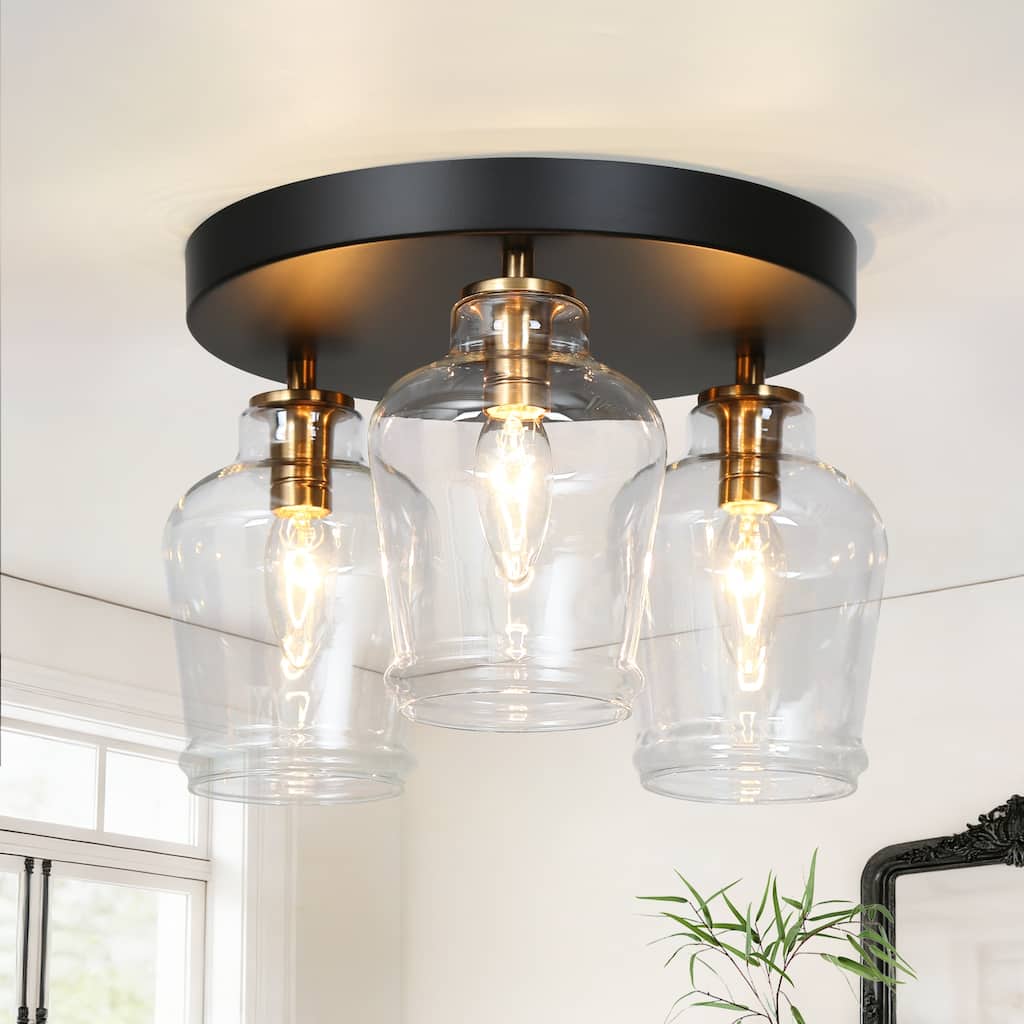Modern 3-Light Black Gold Glass Flush Mount Ceiling Foyer Light for Kitchen - 11 " D × 8 " H