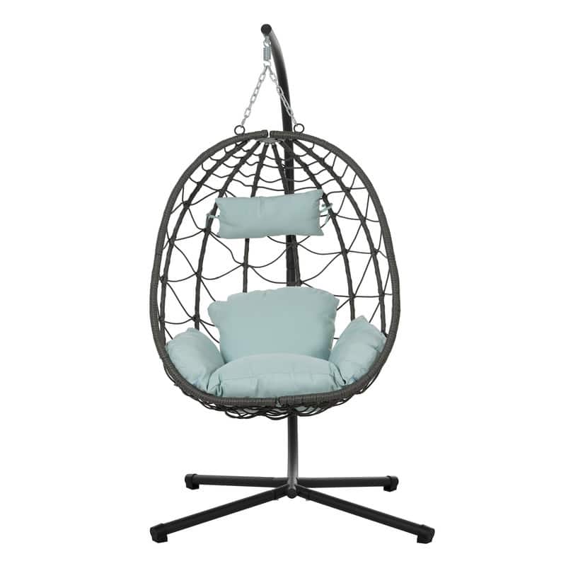 Hanging Egg Chair with Stand - Rattan Swing for Patio & Home - Baby Blue