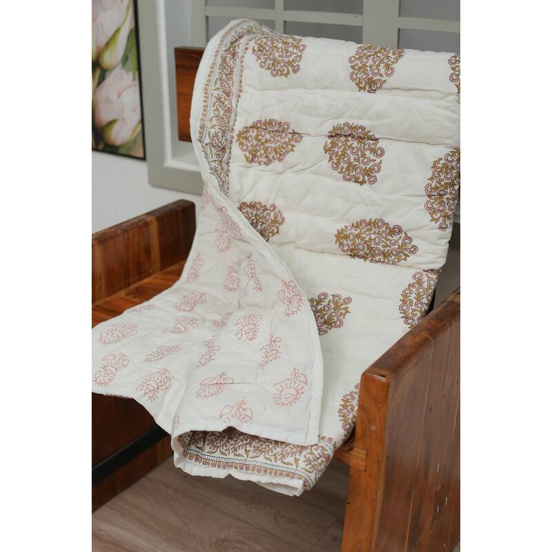 Fabdivine Floral Print Cotton Traditional Bedding Quilt Guldasta Brown Pink, Handmade Reversible Bedspread for Bedroom Decor