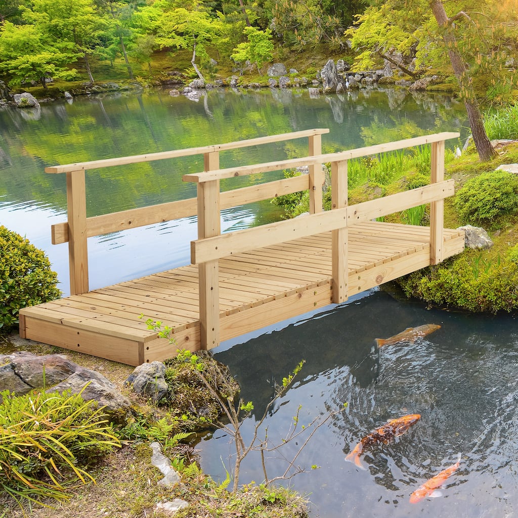 Outsunny 7' Wooden Garden Bridge with Safety Rails, Backyard Footbridge for Ponds, Creeks, Streams, Stained Finish
