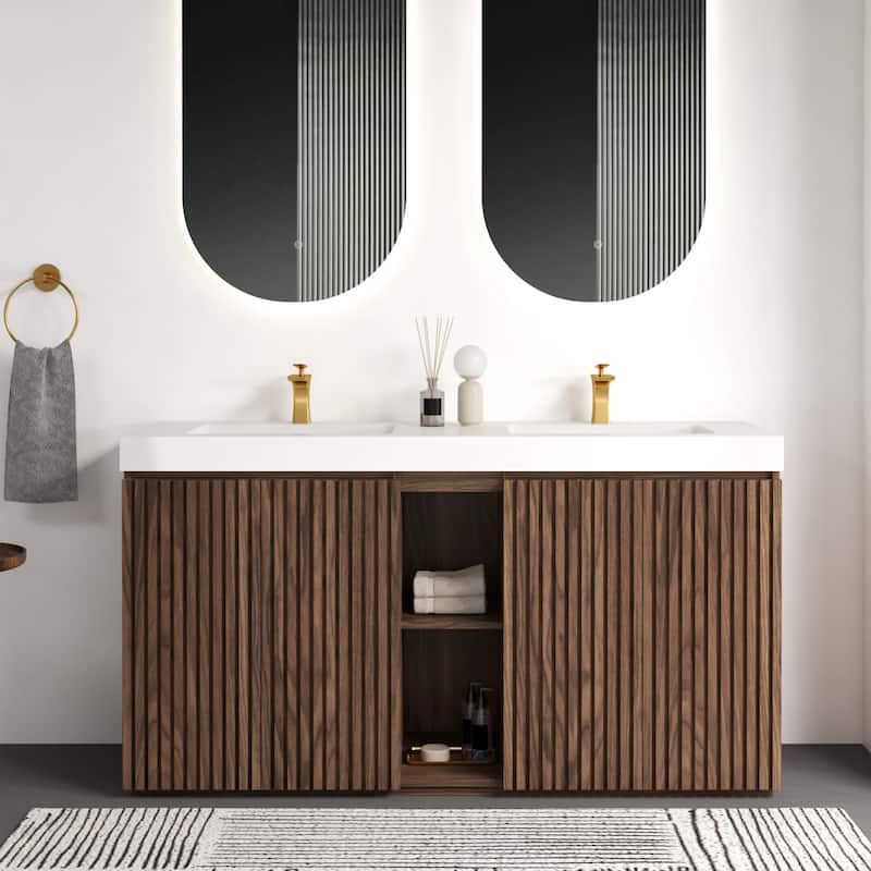GDFStudio - Galan 60" Freestanding Bathroom Vanity with Quartz Sink, Solf Close Doors, Open Storage Shelf, NO Drain & Faucet - Walnut Brown+White