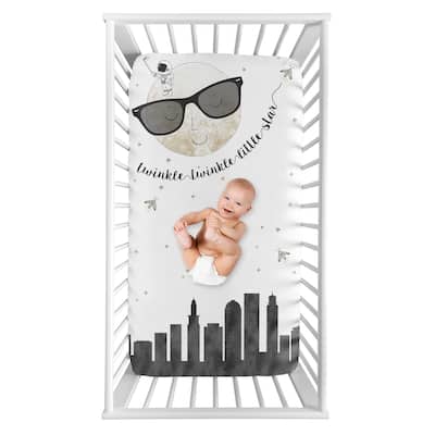 Moon and Star Boy or Girl Photo Op Fitted Crib Sheet - Grey Black Gold Modern Celestial City Skyline Twinkle Twinkle Little Star