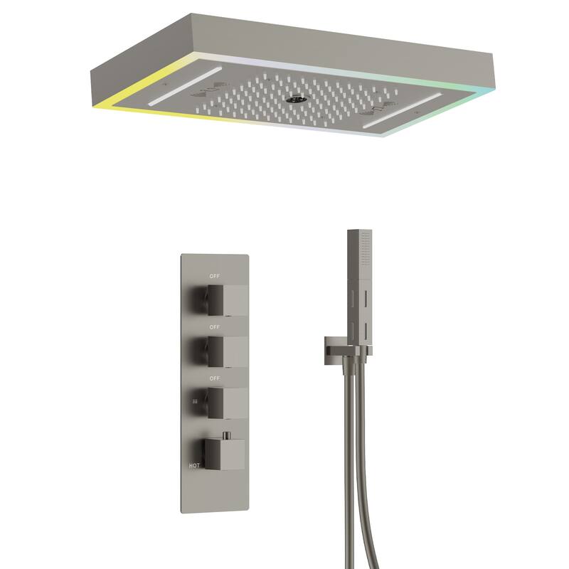 GRANDJOY Thermostatic Triple-Function LED Rain and Waterfall Shower System with Handheld and Built-In Music - Brushed Nickel