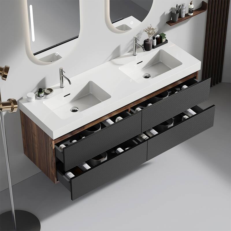 GDFStudio - Grace Floating Bathroom Vanity with Solid Surface Sink and Soft-Close Storage - Black+Brown - 60"