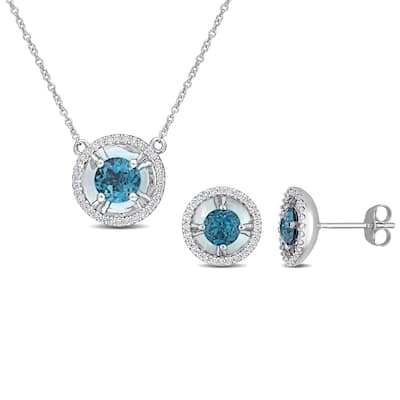 Miadora 2 1/8ct TGW London Blue Topaz 2/5ct TW Diamond Halo Earrings Necklace Set 10k White Gold