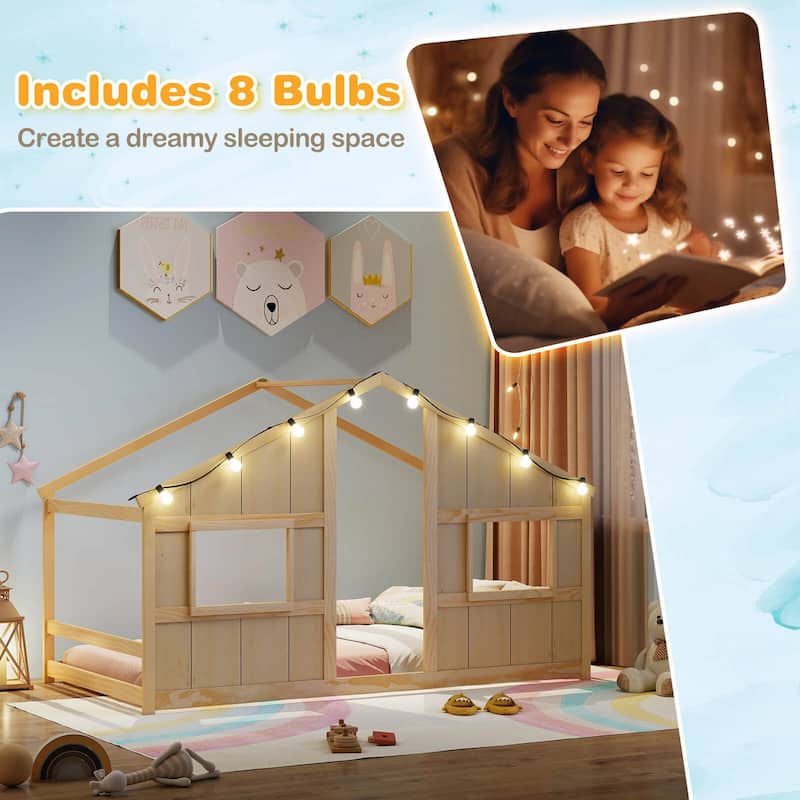 Costway Twin Size House Floor Bed with LED Lights Solid Wood Bed Frame