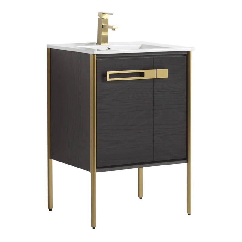 Fine Fixtures Oakville Bathroom Vanity with White Ceramic Sink - 24 Inch - Black Coal Oak - Satin Brass Hardware