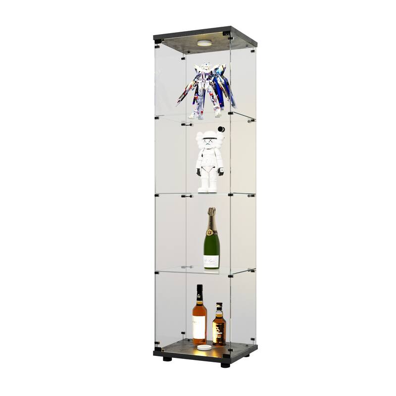 LED lights Glass Display Cabinet 4 Shelves with Door and Lock, Floor Standing Curio Bookshelf for Living Room Bedroom Office