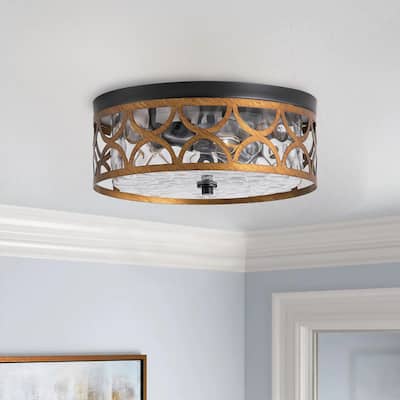 Matte Black 2-Light Rippled Glass Flush Mount Ceiling Light with Antique Brass Metal Shade