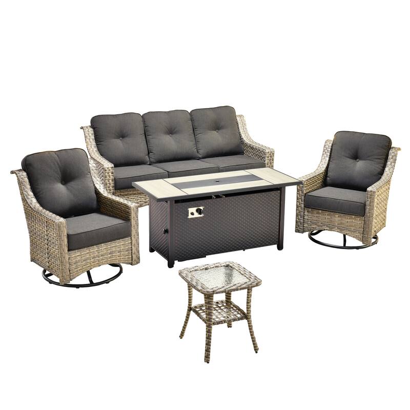 XIZZI 5-Piece Wicker Patio Furniture Set with Sofa, Swivel Chairs & Fire Pit