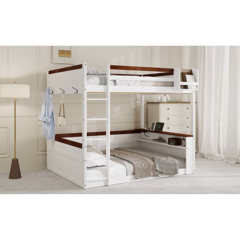 Queen Size Wooden Bunk Bed with Built-in Shelves, Storage Box, 3 Metal Clothes Hooks, Ladder, LED Light and USB Charging Station