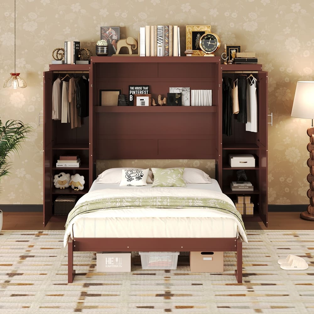 Full/Queen Size Murphy Bed, Wood Wall Murphy Bed with Two Closets and Shelves, Foldable Platform Bed Frame with Wooden Slats