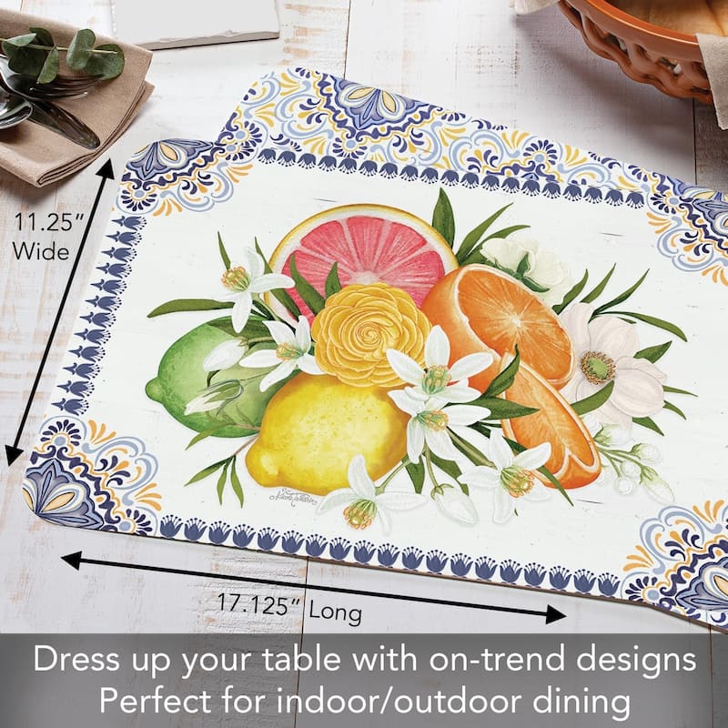 Mediterranean Citrus 4 Pack Reversible Easy Care Flexible Plastic Placemats Made in The USA BPA Free Easily Wipes Clean