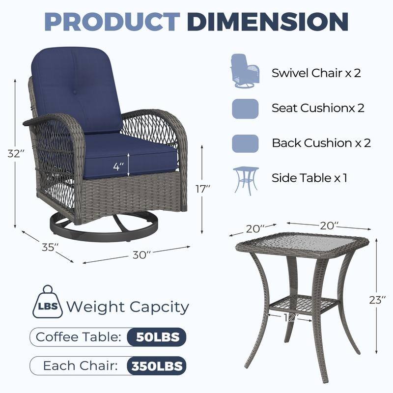 EROMMY Outdoor 3 Pieces Swivel Rocker Patio Chair Sets with Glass Table, All-Weather Wicker & Thickened Cushions for Backyard
