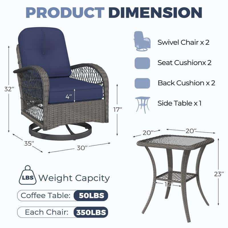 Outdoor Swivel Rocker Bistro Set - 3 Piece Wicker Patio Set with Swivel Rocking Chairs, Cushions, and Tempered Glass Side Table