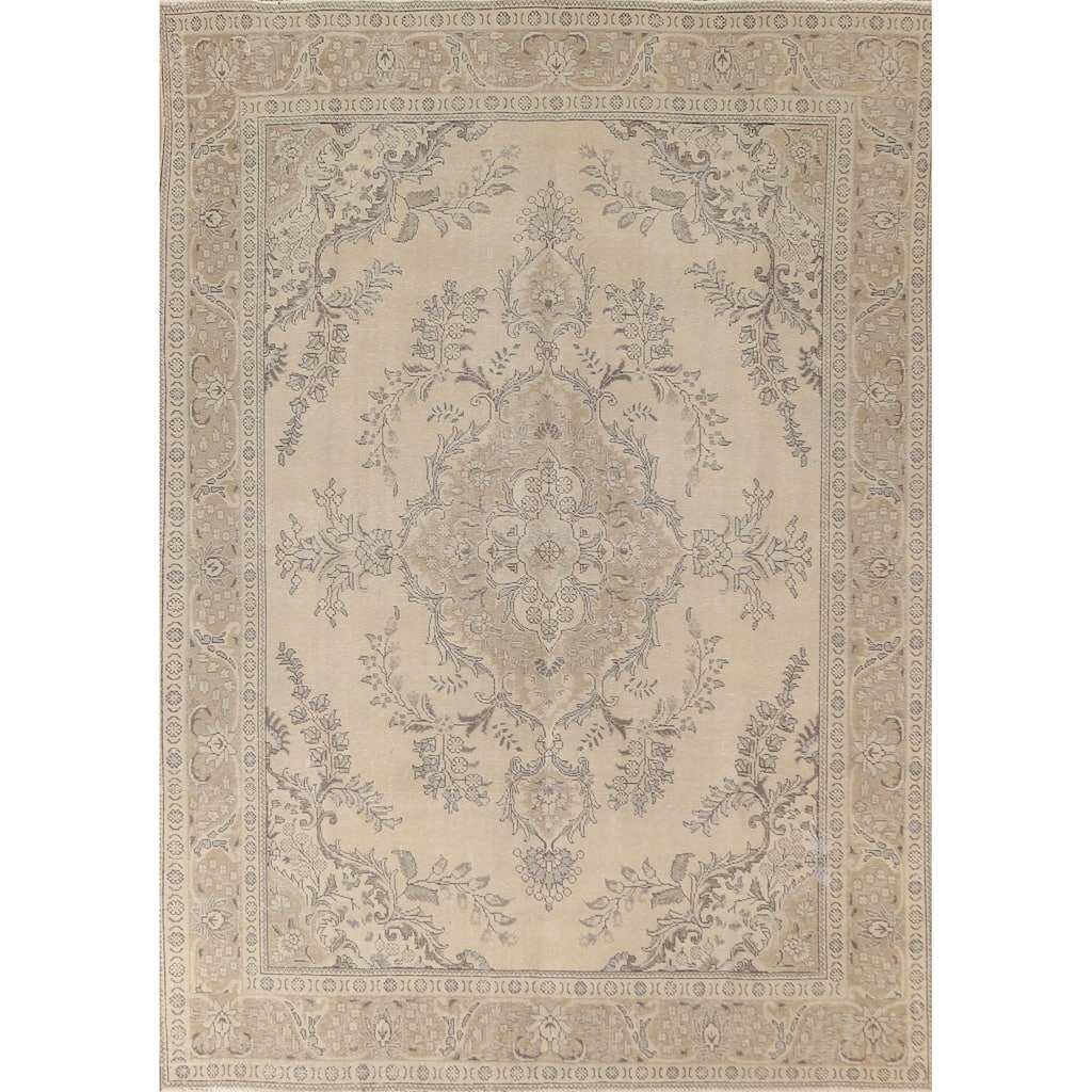 Floral Distressed Tabriz Persian Vintage Rug Handmade Wool Carpet - 8'1"x 11'1"