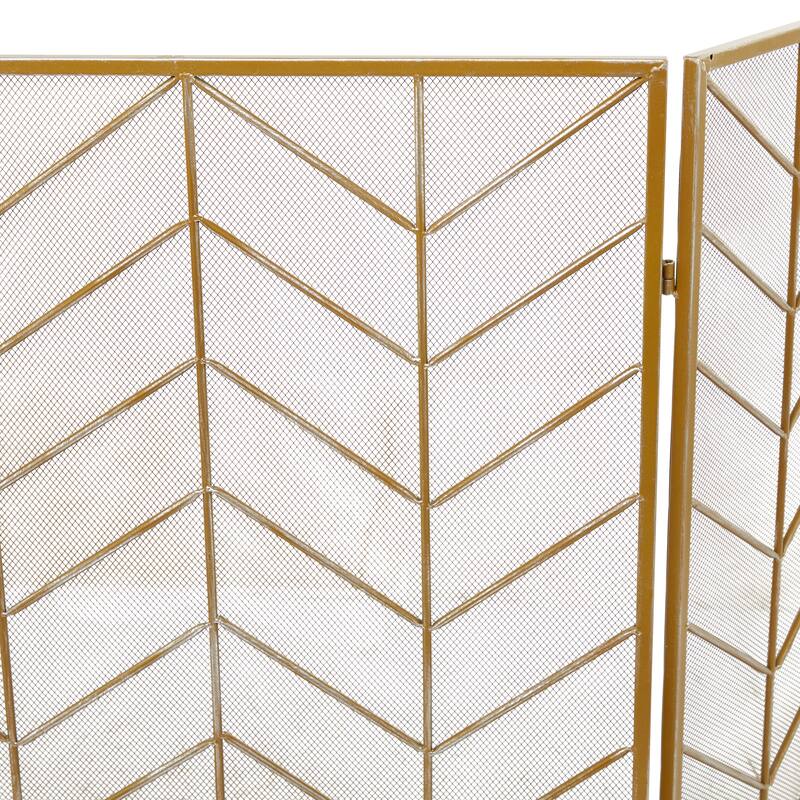 Metal Geometric Foldable Mesh Netting 3 Panel Fireplace Screen with Chevron Pattern - Gold, Black or Silver - Roche River Decor