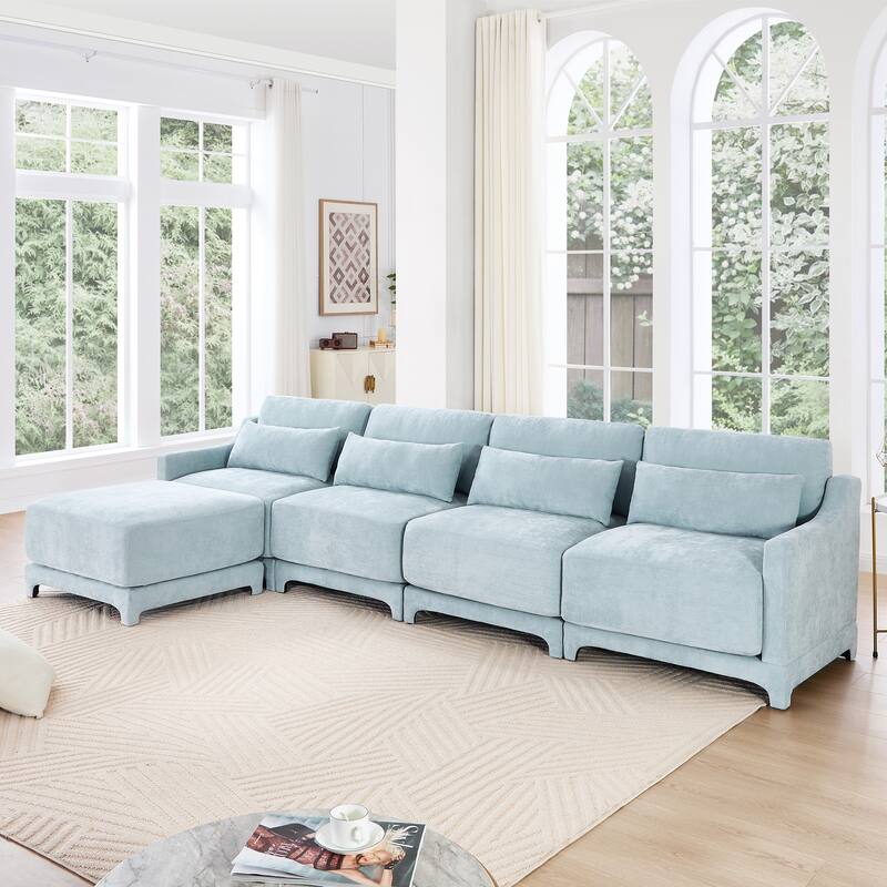 141.7" Chenille Modular 4-Seater Sofa with Ottoman & Ergonomic Wood Base - Sky Blue