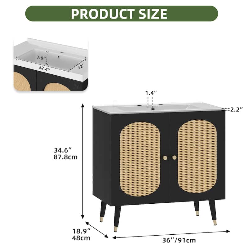36" Rattan Boho Bathroom Vanity with Sink
