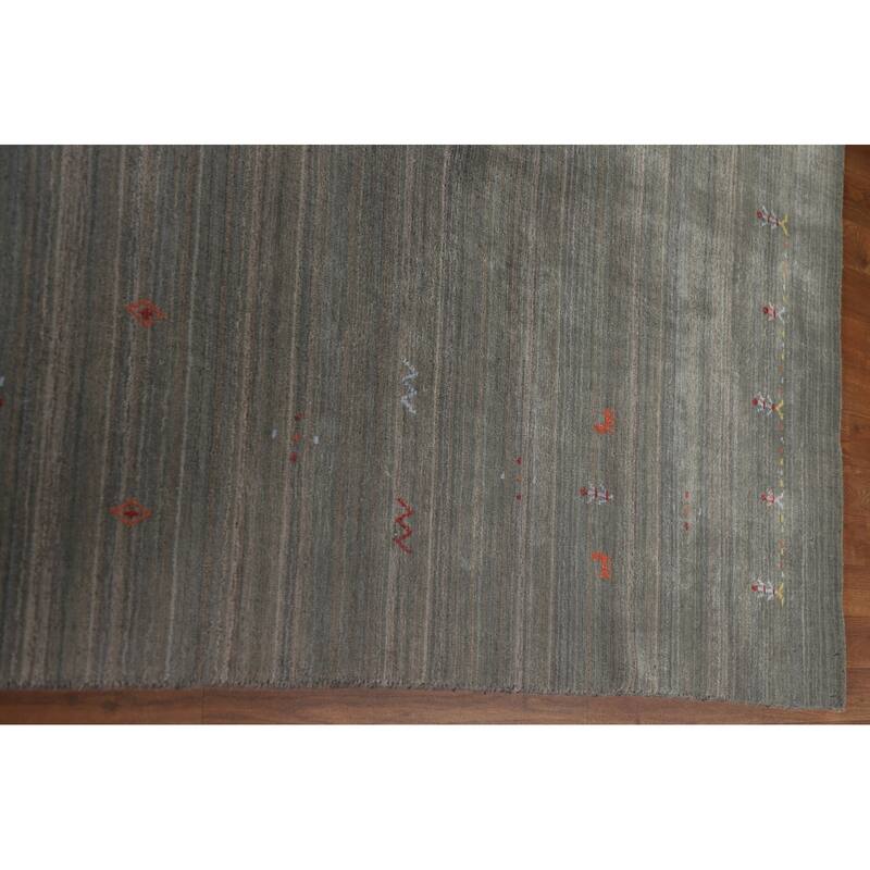 Striped Green Gabbeh Area Rug Hand-Knotted Wool Carpet - 8'10"x 11'8"