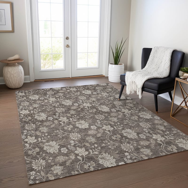 Machine Washable Indoor/ Outdoor Chantille Floral Farmhouse Rug - Chocolate - 8' x 10'