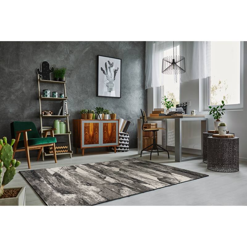 Domani Scene Transitional Charcoal Wave or Brick Area Rug