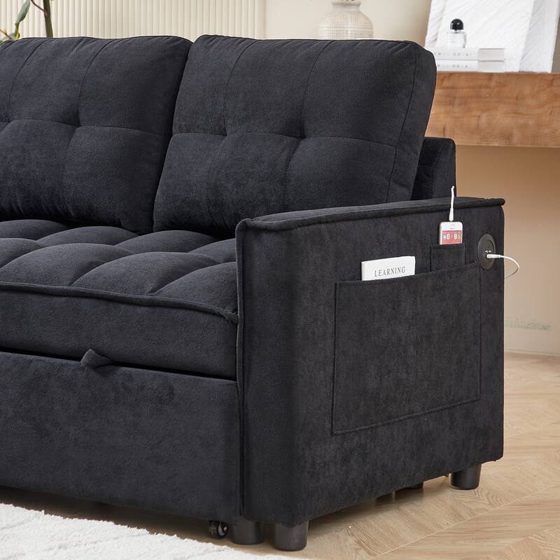 Futon Daybed Pull-Out Sofa Bed with USB and Tape-c, L-Shaped Sectional Sofa with Storage Chaise Lounge and Side Pocket