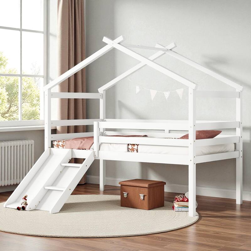 Twin Size Wooden Low Loft House Bed with Slide, Ladder, Safety Guardrails, and Roof Frame