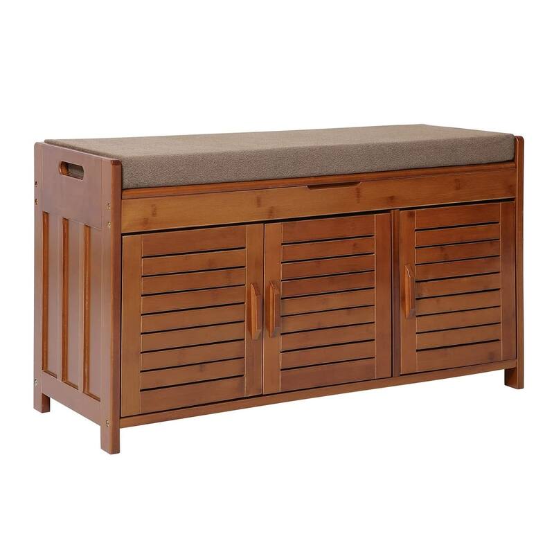 Shoe Storage Bench, Bamboo Shoe Rack with Door Storage Space and Soft Cushion - 38.5(L) x 14.4(W) x 19.7(H)