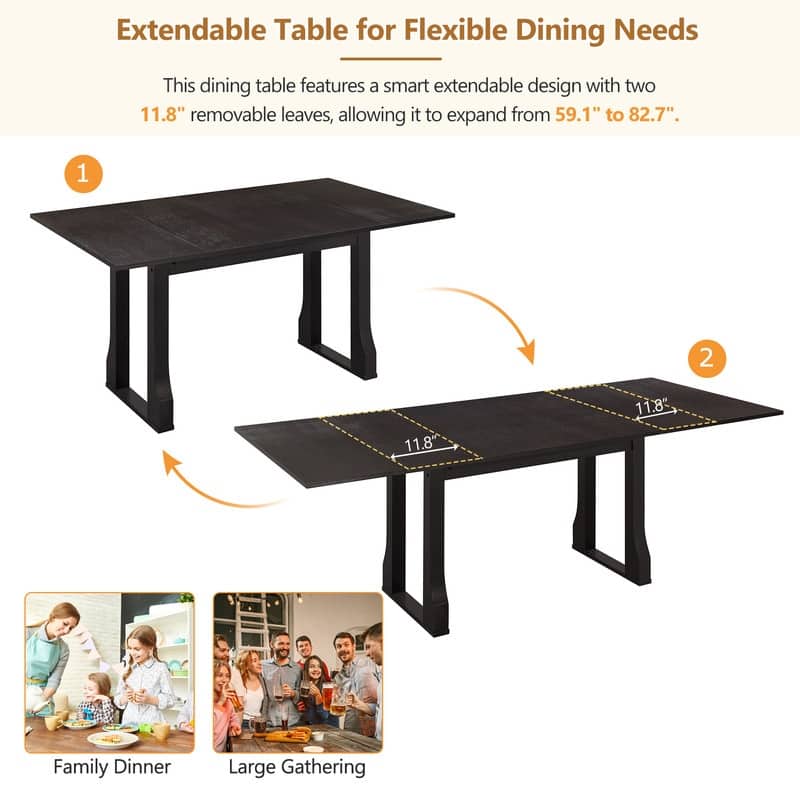 Modern Six-Piece 82.7-Inch Extendable Dining Set with Four Wicker-Back Upholstered Chairs and a Long Bench