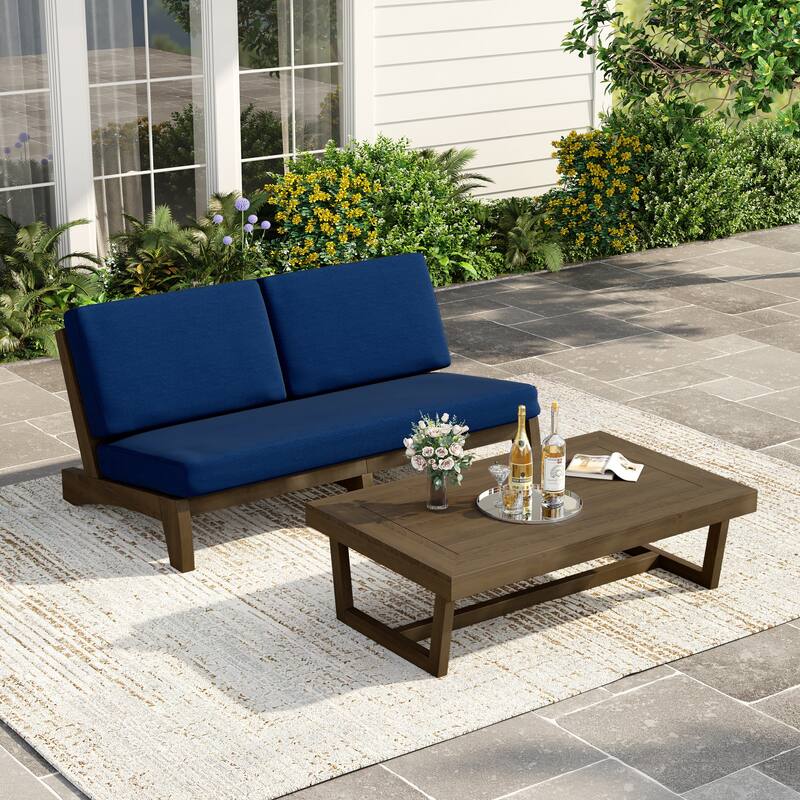 3 Seat Wood 64" W Cushioned Outdoor Patio Sofa with Coffee Table