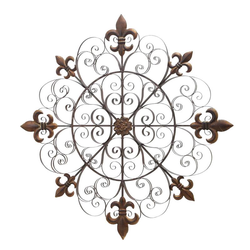 Metal Fleur De Lis Medallion Home Wall Decor with Detailed Scrollwork - Brown - Roche River Decor - Brown
