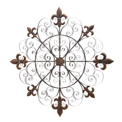 Metal Fleur De Lis Medallion Home Wall Decor with Detailed Scrollwork - Brown - Roche River Decor