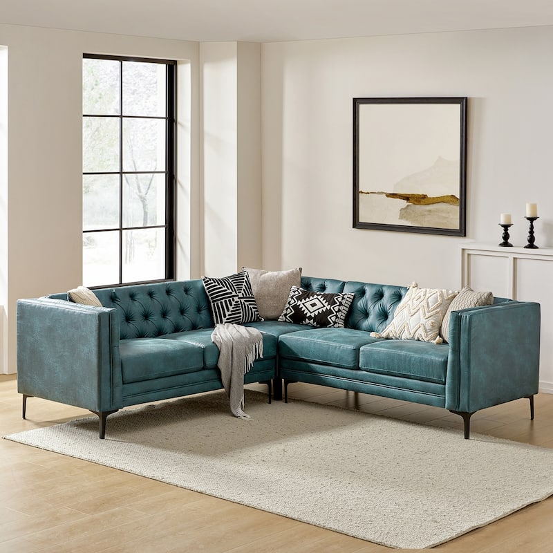 Moira Transitional Genuine Leather Corner Sectional with tufted Back and Metal Leg by HULALA HOME - Blue