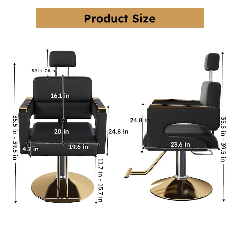 Roomfitters Hydraulic Barber Chair, Heavy Duty Reclining Salon Styling Chair with Gold Armrests, Black