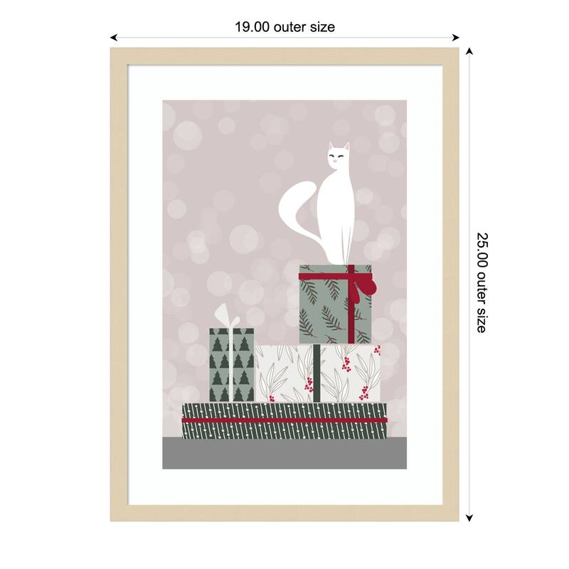 Retro cat and gifts by Rosana Laiz Blursbyai Wood Framed Wall Art Print - 19 x 25 in