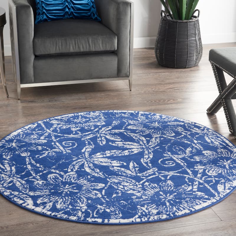 Nourison Whimsicle Country Farmhouse Floral Area Rug - 5' Round - Navy