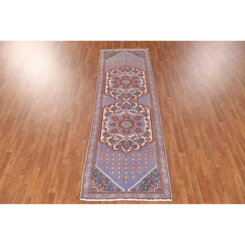 Hand Knotted Oriental 100% Wool Carpet Traditional Geometric Navy Blue & Blues Hamedan Runner Rug - 9' 10'' X 3' 2''