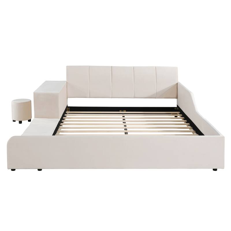 Full Size Upholstered Grounded Bed, Mother & Child Bed with Bedside Desk and Little Round Stool