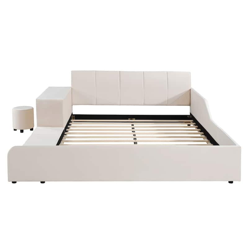 Queen Size Upholstered Grounded Bed, Mother & Child Bed with Bedside Desk and Little Round Stool, Velvet, Beige