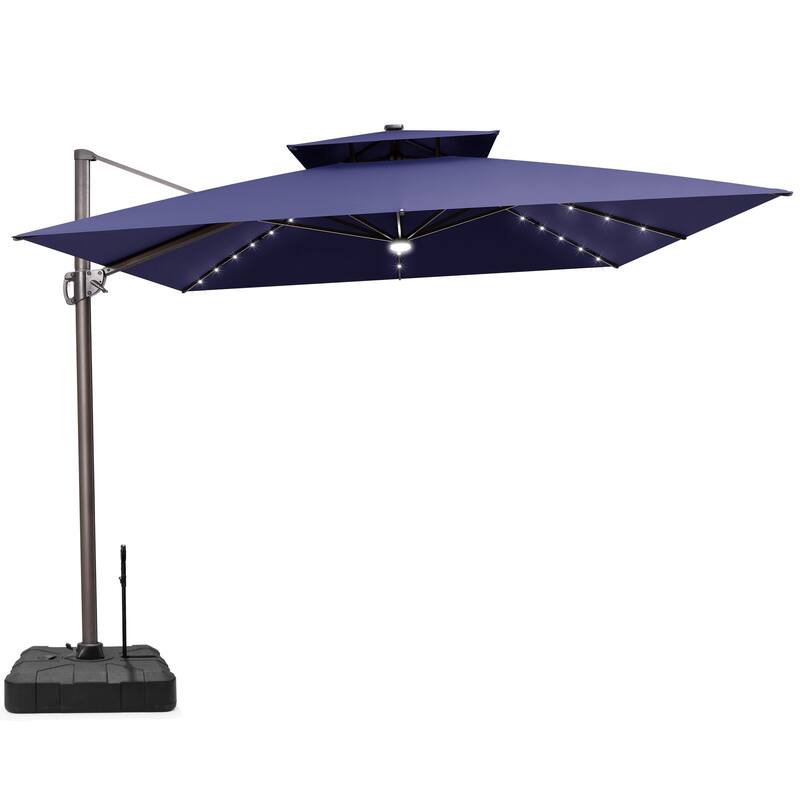 11 ft Outdoor Aluminum Dual Top Solar Powered LED Patio Cantilever Umbrella and Weighted Base with Wheels and Drag Rod