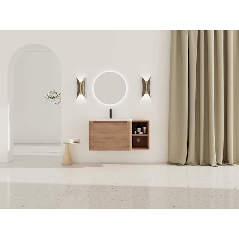 Wall-Mounted Bathroom Vanity with Ceramic Sink and Storage Shelves